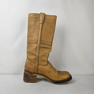 Vintage Korean Made Leather Tan Campus Boots Cowboy Boots Style Riding Boots Size 9