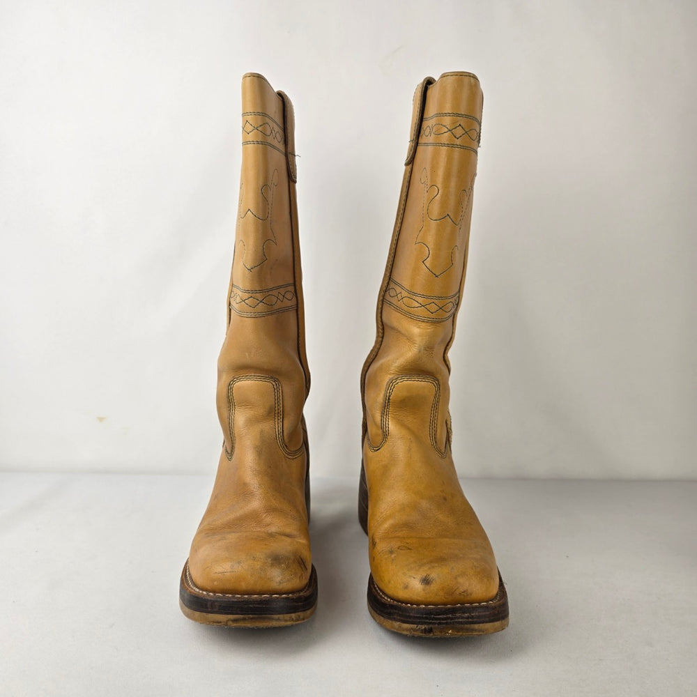 Vintage Korean Made Leather Tan Campus Boots Cowboy Boots Style Riding Boots Size 9