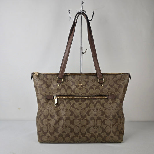 Coach Signature Canvas Zip Tote Brown Monogram Leather Trim Handbag