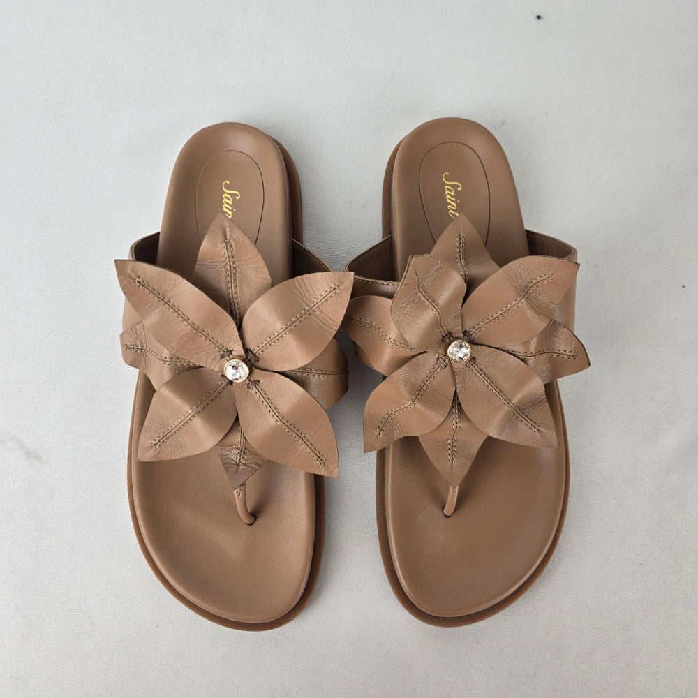 Saint Savoy Floral Leather Flip Flop Sandals Taupe Comfort Slides Size 10