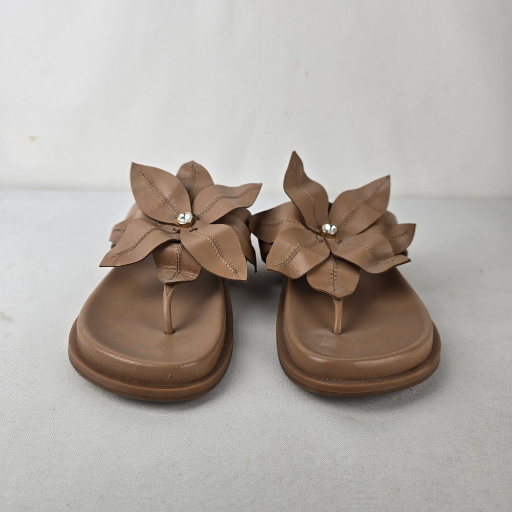 Saint Savoy Floral Leather Flip Flop Sandals Taupe Comfort Slides Size 10