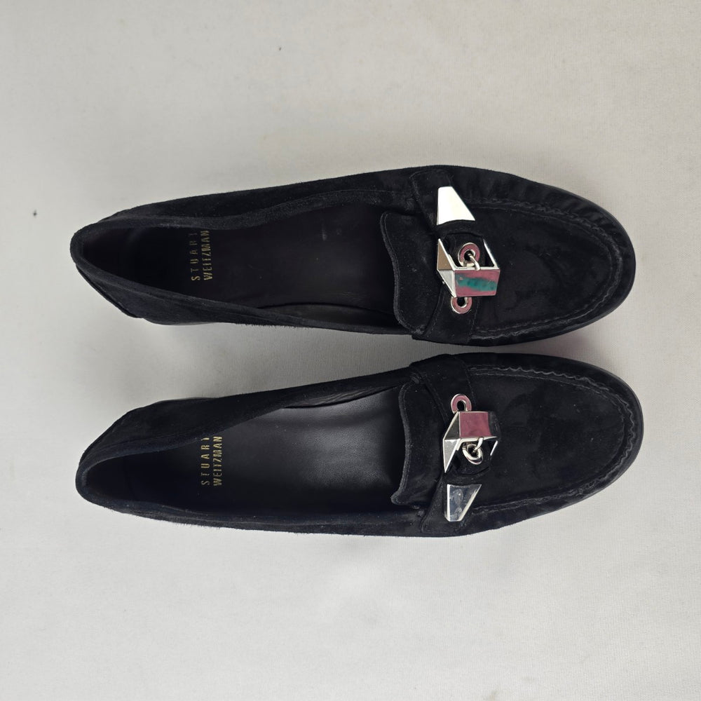 Stuart Weitzman Black Suede Loafers Silver Hardware Flats Size 9