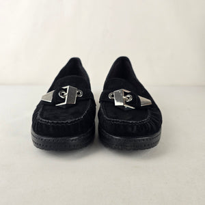 Stuart Weitzman Black Suede Loafers Silver Hardware Flats Size 9