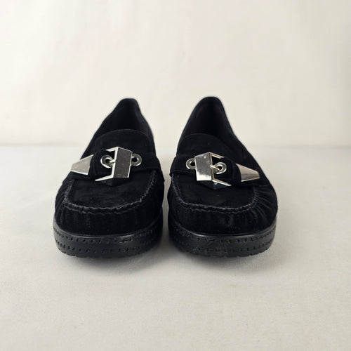 Stuart Weitzman Black Suede Loafers Silver Hardware Flats Size 9