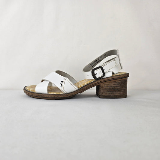 Fly London White Leather Block Heel Sandals Ankle Strap Size 10