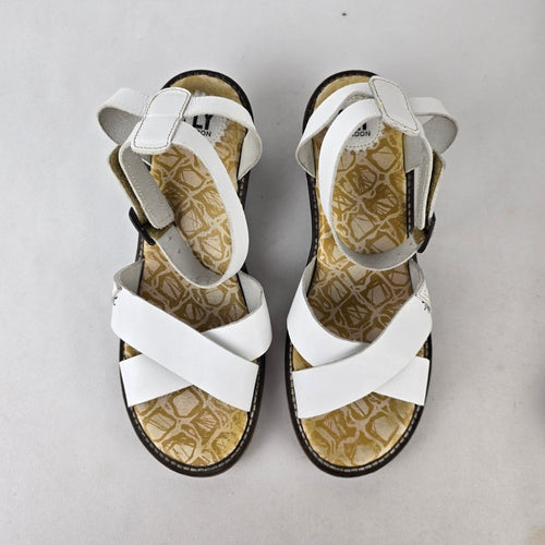 Fly London White Leather Block Heel Sandals Ankle Strap Size 10