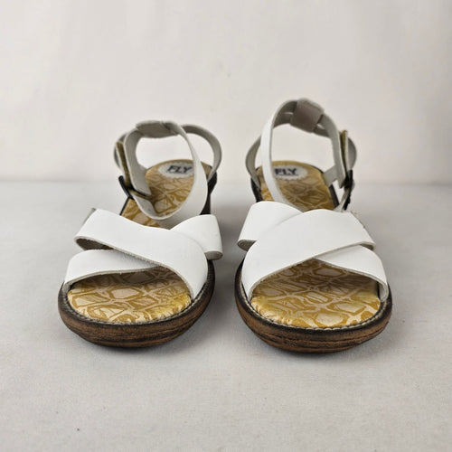 Fly London White Leather Block Heel Sandals Ankle Strap Size 10