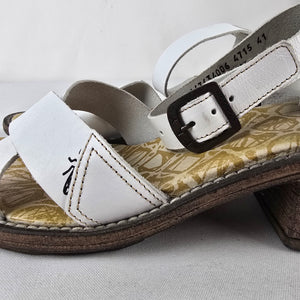 Fly London White Leather Block Heel Sandals Ankle Strap Size 10