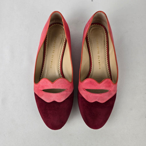 Charlotte Olympia Pink Suede Lips Flats Colorblock Loafers Size 8