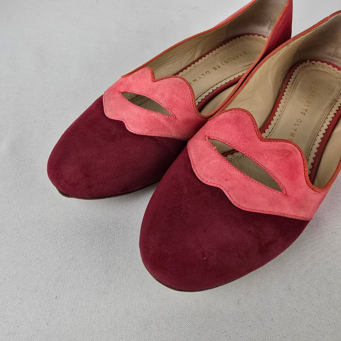 Charlotte Olympia Pink Suede Lips Flats Colorblock Loafers Size 8