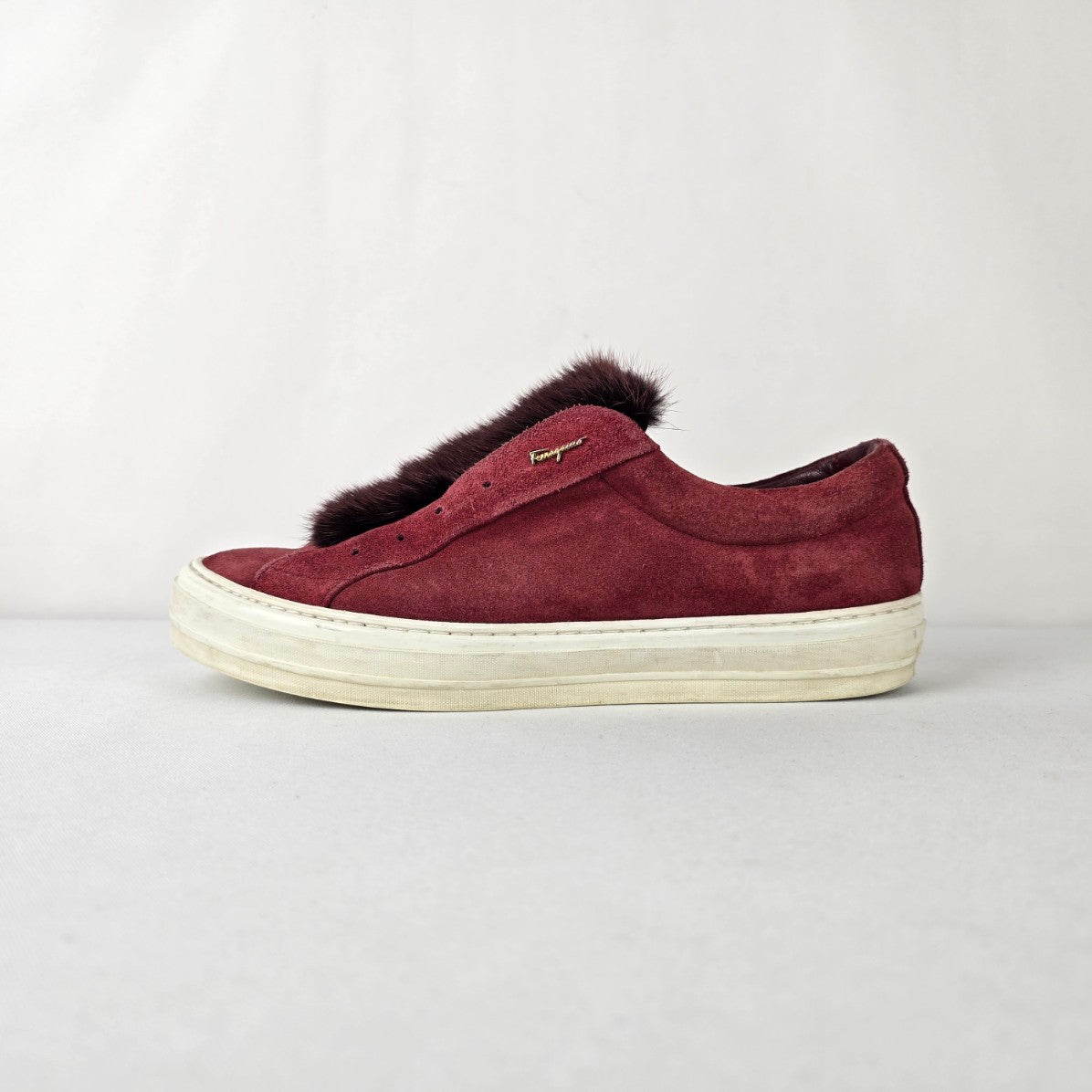 Salvatore Ferragamo Burgundy Suede Fur Slip On Sneakers Size 8.5