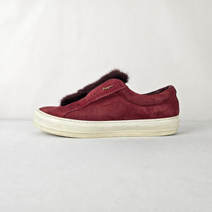 Salvatore Ferragamo Burgundy Suede Fur Slip On Sneakers Size 8.5