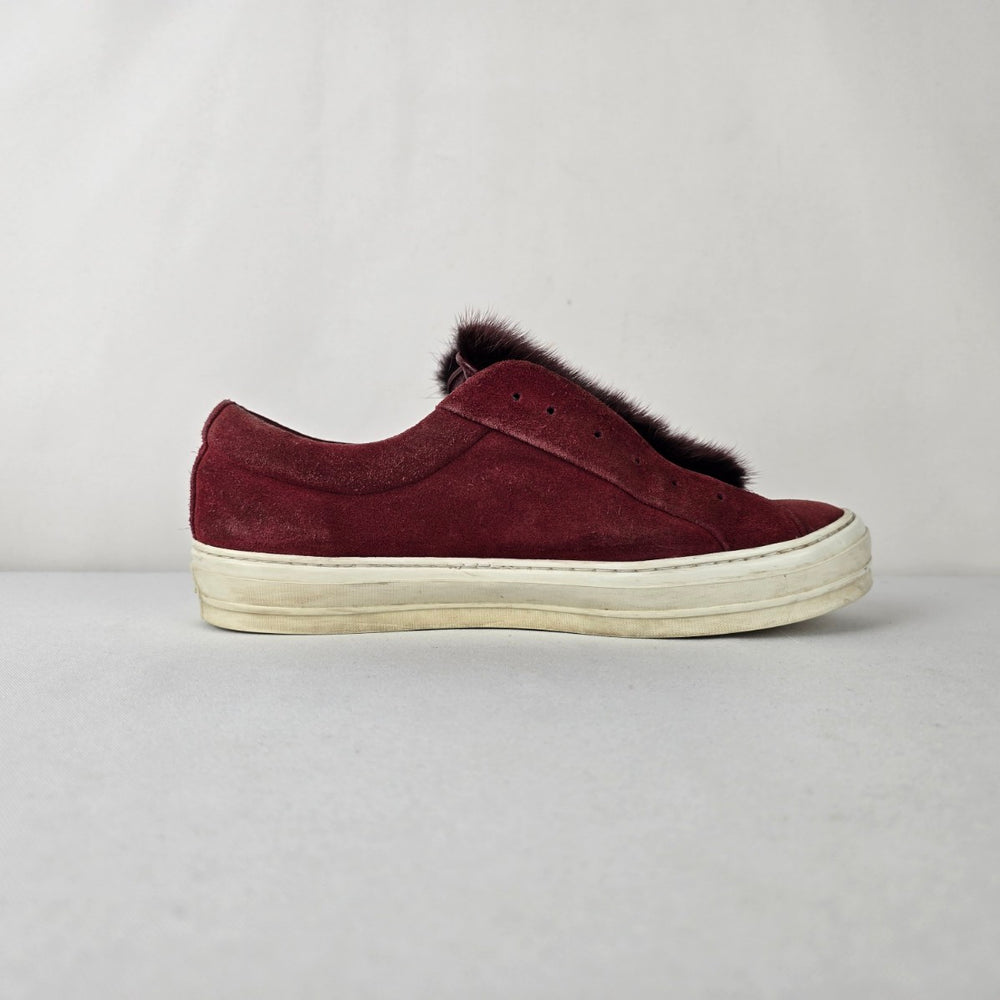 Salvatore Ferragamo Burgundy Suede Fur Slip On Sneakers Size 8.5