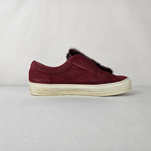 Salvatore Ferragamo Burgundy Suede Fur Slip On Sneakers Size 8.5