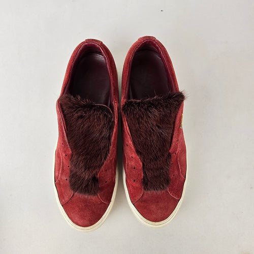 Salvatore Ferragamo Burgundy Suede Fur Slip On Sneakers Size 8.5
