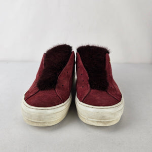 Salvatore Ferragamo Burgundy Suede Fur Slip On Sneakers Size 8.5