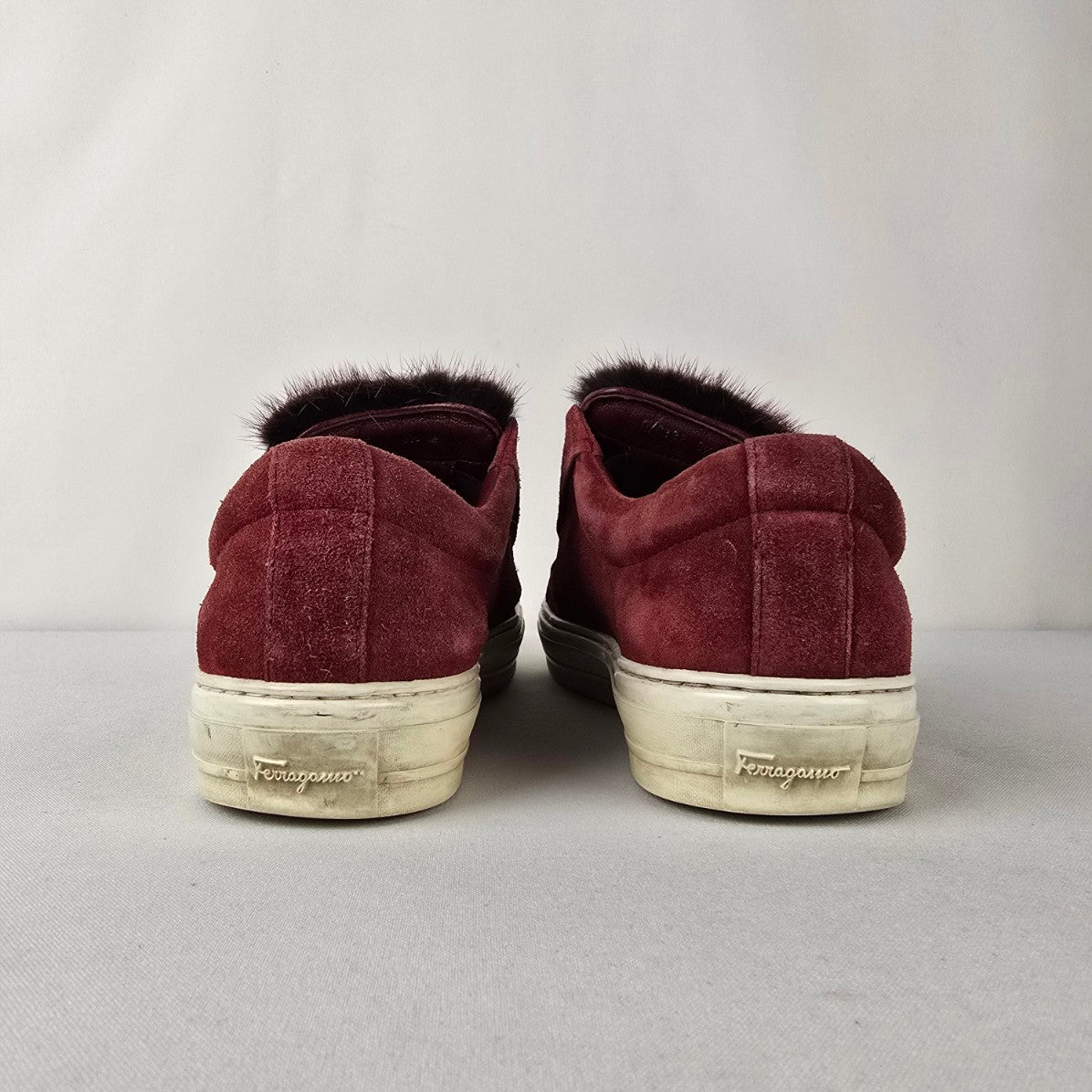 Salvatore Ferragamo Burgundy Suede Fur Slip On Sneakers Size 8.5