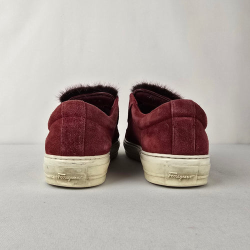 Salvatore Ferragamo Burgundy Suede Fur Slip On Sneakers Size 8.5