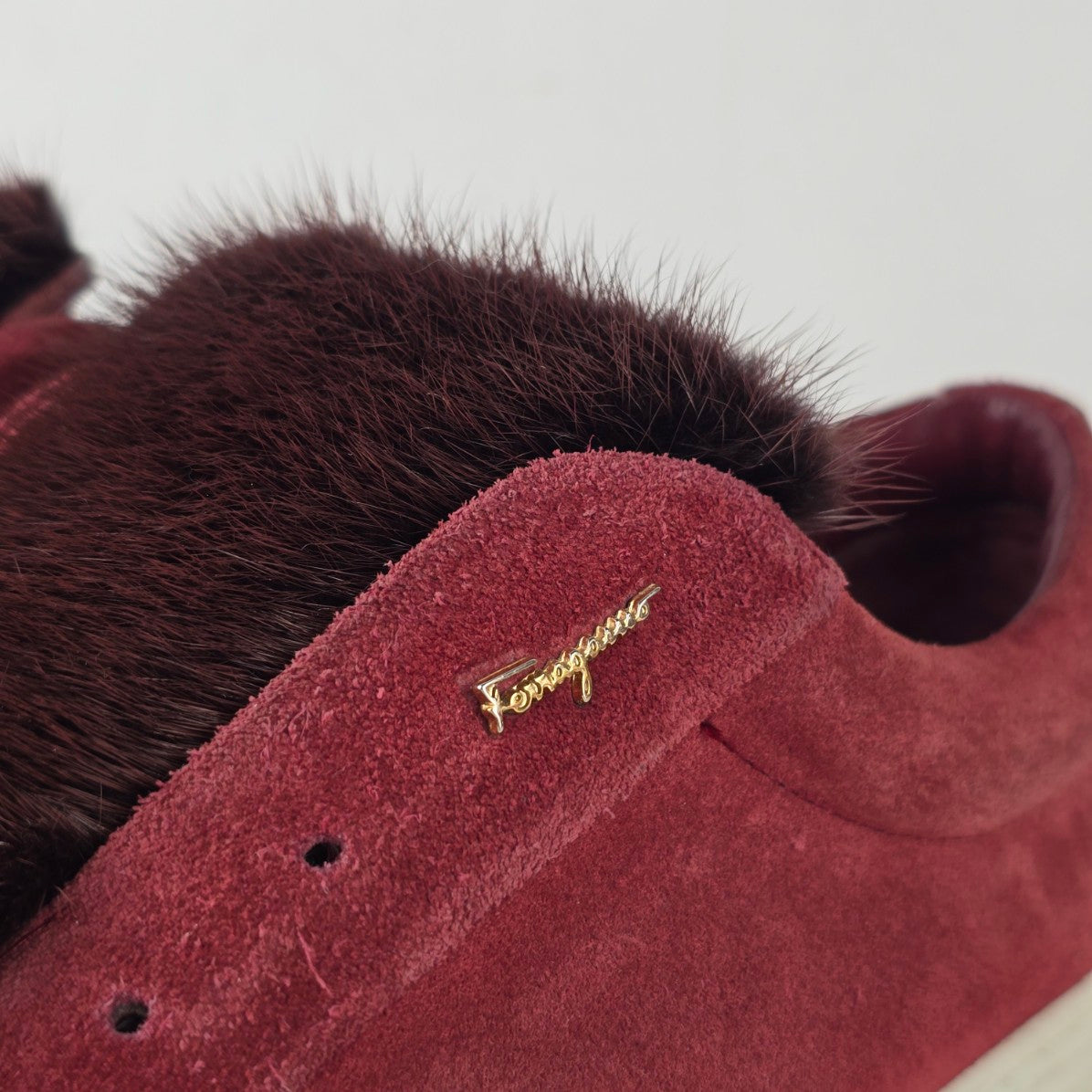Salvatore Ferragamo Burgundy Suede Fur Slip On Sneakers Size 8.5