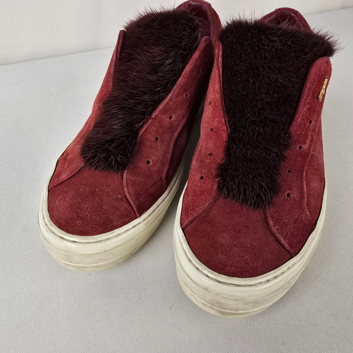 Salvatore Ferragamo Burgundy Suede Fur Slip On Sneakers Size 8.5