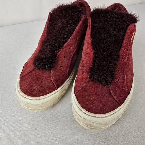 Salvatore Ferragamo Burgundy Suede Fur Slip On Sneakers Size 8.5