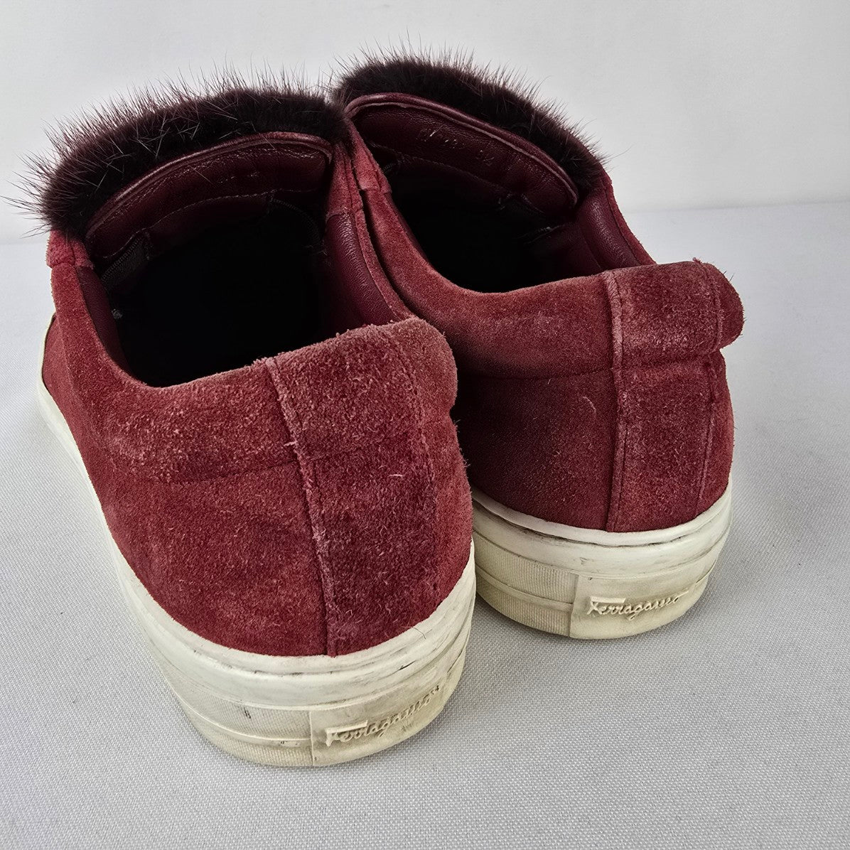 Salvatore Ferragamo Burgundy Suede Fur Slip On Sneakers Size 8.5