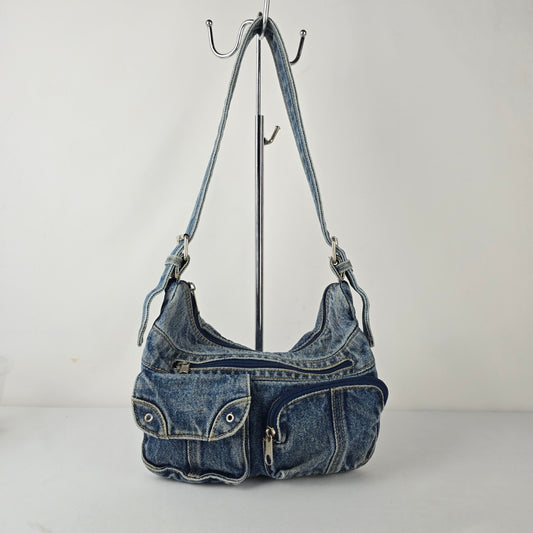 Y2K Denim Cargo Shoulder Bag Blue Jean Multi Pocket Purse