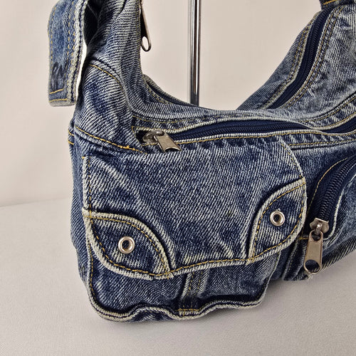 Y2K Denim Cargo Shoulder Bag Blue Jean Multi Pocket Purse