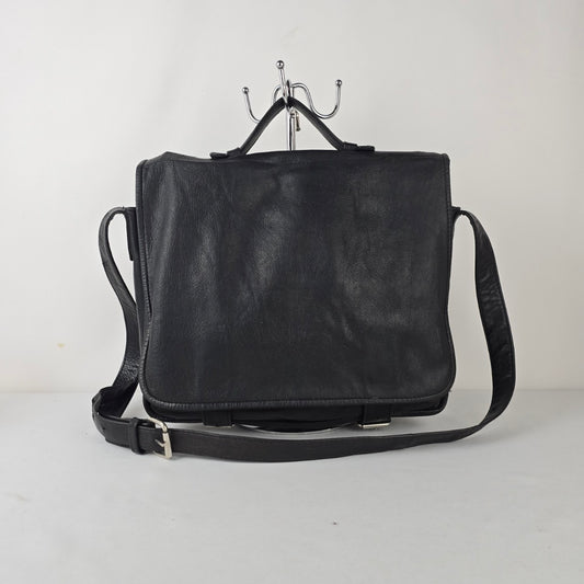 Vintage Black Leather Messenger Bag Crossbody Laptop Satchel