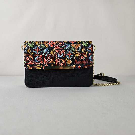 Amma Floral Chain Strap Crossbody Wallet Purse Black Leather Gold