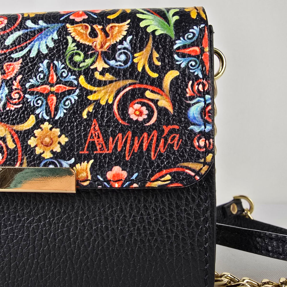Amma Floral Chain Strap Crossbody Wallet Purse Black Leather Gold