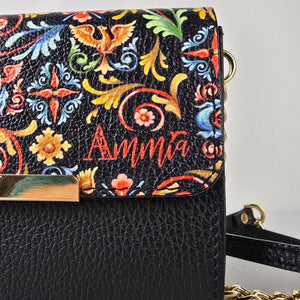 Amma Floral Chain Strap Crossbody Wallet Purse Black Leather Gold