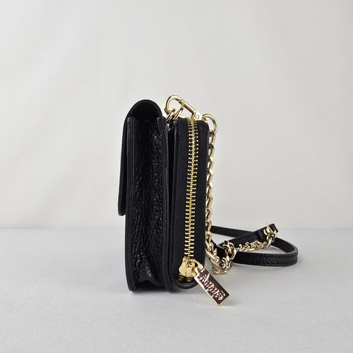 Amma Floral Chain Strap Crossbody Wallet Purse Black Leather Gold