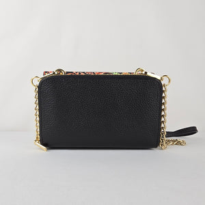 Amma Floral Chain Strap Crossbody Wallet Purse Black Leather Gold