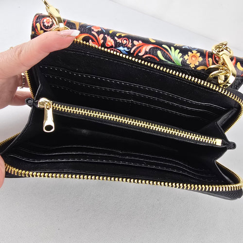 Amma Floral Chain Strap Crossbody Wallet Purse Black Leather Gold