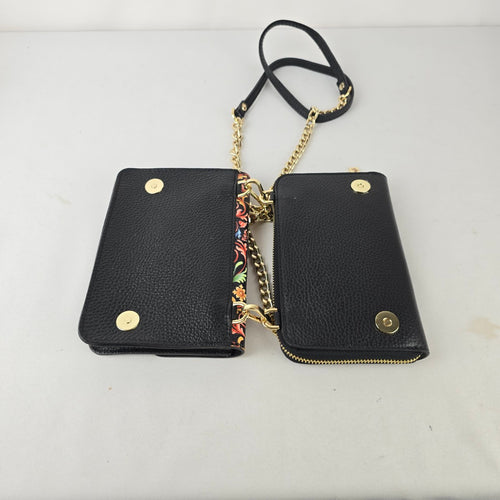 Amma Floral Chain Strap Crossbody Wallet Purse Black Leather Gold