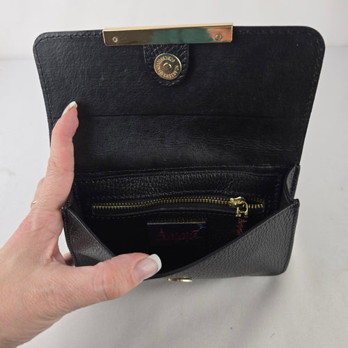 Amma Floral Chain Strap Crossbody Wallet Purse Black Leather Gold