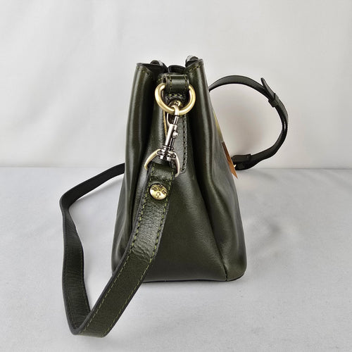 Patricia Nash Olive Green Leather Top Handle Crossbody Purse Gold Ring