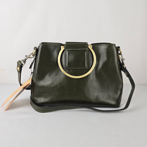 Patricia Nash Olive Green Leather Top Handle Crossbody Purse Gold Ring