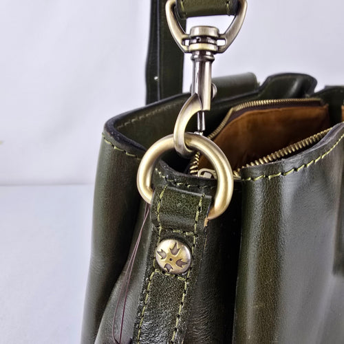 Patricia Nash Olive Green Leather Top Handle Crossbody Purse Gold Ring