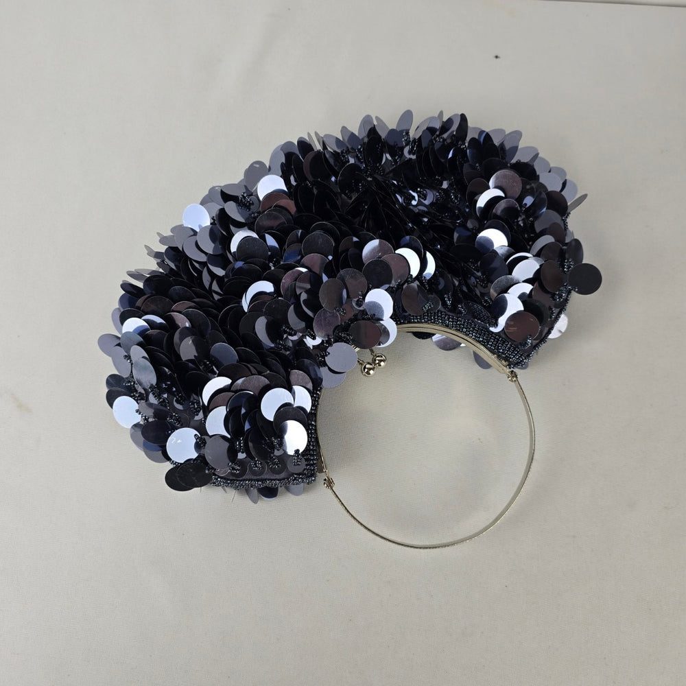 Navy Sequin Beaded Evening Bag Silver Ring Handle Clutch