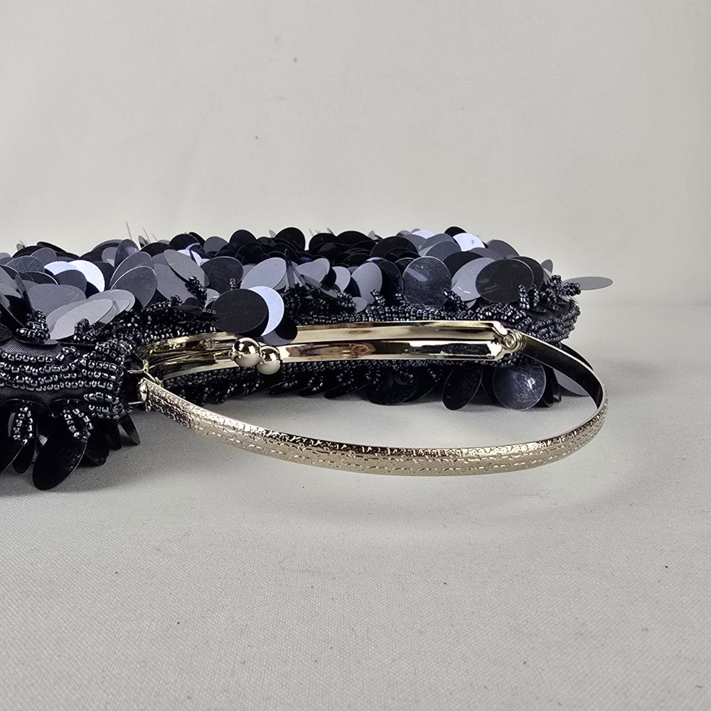 Navy Sequin Beaded Evening Bag Silver Ring Handle Clutch