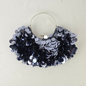Navy Sequin Beaded Evening Bag Silver Ring Handle Clutch