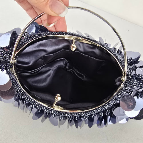 Navy Sequin Beaded Evening Bag Silver Ring Handle Clutch
