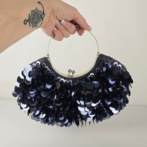 Navy Sequin Beaded Evening Bag Silver Ring Handle Clutch