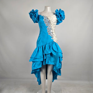 Vintage 80s Flirtations Alfred Angelo Blue White Ruffle Pageant Dress Sz 12