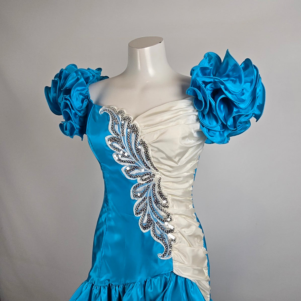 Vintage 80s Flirtations Alfred Angelo Blue White Ruffle Pageant Dress Sz 12