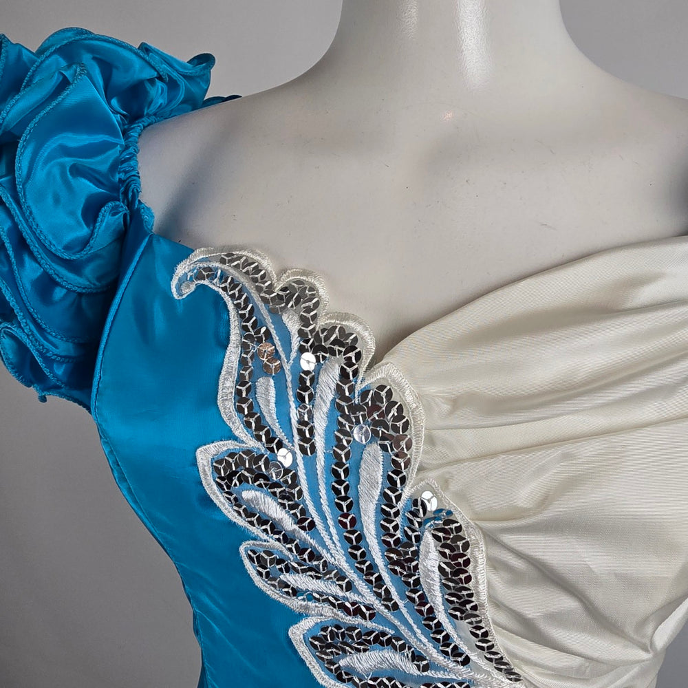 Vintage 80s Flirtations Alfred Angelo Blue White Ruffle Pageant Dress Sz 12