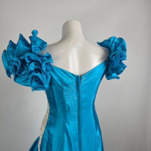 Vintage 80s Flirtations Alfred Angelo Blue White Ruffle Pageant Dress Sz 12