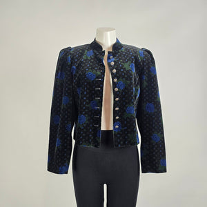 Vintage Julius Lang Black Blue Floral Velvet Cropped Jacket Size S/M